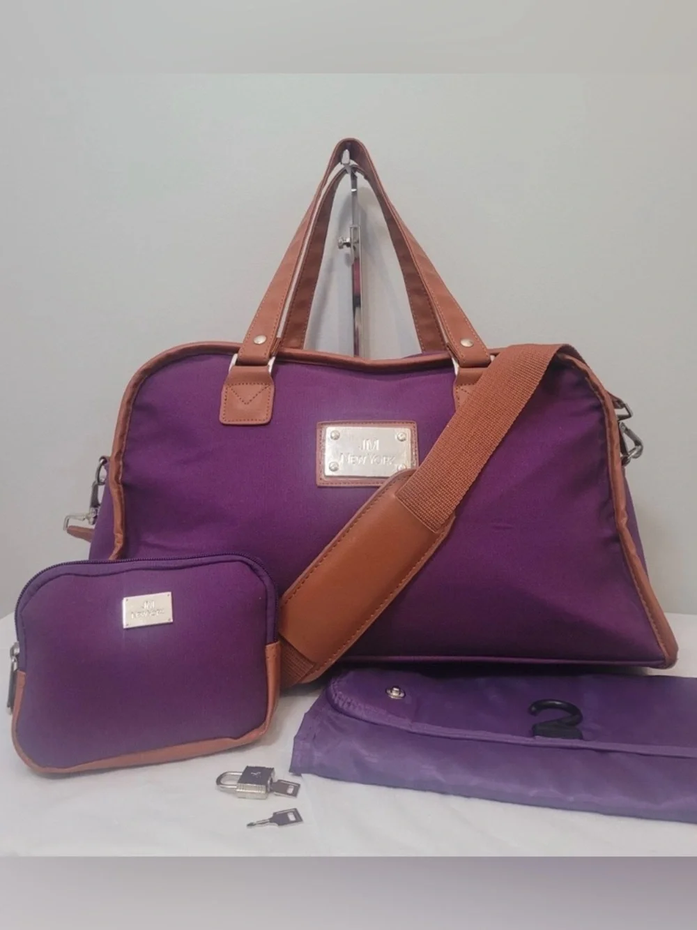 JM New York Purple Travel Weekender Bag with Brown Trim